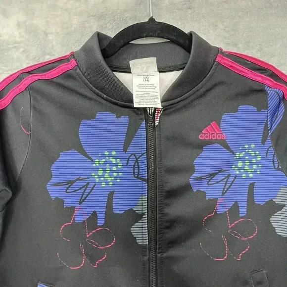 Adidas Girls Black Floral Printed‎ 3-Striped Zip Up Tricot Jacket AP4532 Sz L 14 - Picture 5 of 13